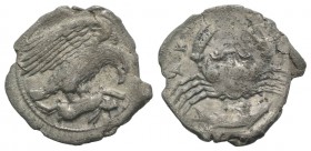 Sicily, Akragas, c. 420-410 BC. AR Hemidrachm (17mm, 2.01g, 6h). Eagle r., clutching hare in talons. R/ Crab; below, fish r. Westermark, Coinage, 568 ...