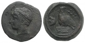 Sicily, Akragas, c. 400-380 BC. Æ Hemilitron (26mm, 17.27g, 12h). Diademed head of river-god l. R/ Eagle standing l. on Ionic column, head r.; crab to...