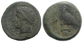 Sicily, Akragas, c. 400-380 BC. Æ Hemilitron (26.5mm, 16.36g, 7h). Diademed head of river-god l. R/ Eagle standing l. on Ionic column, head r.; crab t...