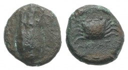 Sicily, Akragas, c. 338-317 BC. Æ Onkia (11mm, 1.80g, 2h). Eagle standing l., head r. R/ Crab. CNS I, 113; SNG ANS 1103; HGC 2, 152. Near VF