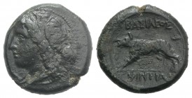 Sicily, Akragas. Phintias (287-279 BC). Æ (20mm, 6.80g, 7h). c. 282-279 BC. Wreathed head of Apollo l. R/ Boar standing l. CNS I, 117; SNG ANS 1119-21...