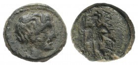 Sicily, Alaisa Archonidea, c. 95-44 BC. Æ Tetras (13.5mm, 3.06g, 12h). Wreathed head of Dionysos r. R/ Warrior standing l., holding spear and sheathed...