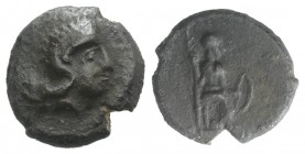 Sicily, Athl-, c. 340-330 BC. Æ (14.5mm, 3.28g, 1h). Helmeted head of Athena r. R/ Female figure seated r., holding trident(?) in r. hand, grounded bo...