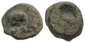 Sicily, Entella. Campanian mercenaries, c. 342-339 BC. Æ (17mm, 6.22g). Campanian helmet l. R/ [Horse galloping]; c/m: uncertain symbol within pellets...