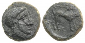 Sicily, Eryx, late 5th century BC. Æ Hexas(?) (18mm, 6.12g, 3h). Male head r. R/ Hound standing r.; two circles below. Cf. Campana 28; Cf. CNS I, 2; S...