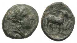 Sicily, Eryx, c. 4th century BC. Æ Onkia(?) (13mm, 1.92g, 5h). Female head r. R/ Horse standing r.; leaf to r. Campana 48a; CNS I, 16; SNG ANS -; HGC ...