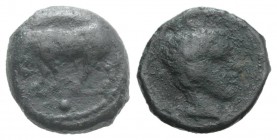 Sicily, Gela, c. 420-405 BC. Æ Onkia (10mm, 1.15g, 6h). Bull standing l. R/ Horned head of Gelas r. CNS III, 11; SNG ANS 108; HGC 2, 382. Good Fine