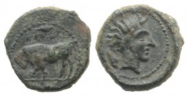 Sicily, Gela, c. 420-405 BC. Æ Onkia (10mm, 1.14g, 9h). Bull standing l.; barley-grain above. R/ Horned head of Gelas r.; barley-grain behind. CNS III...