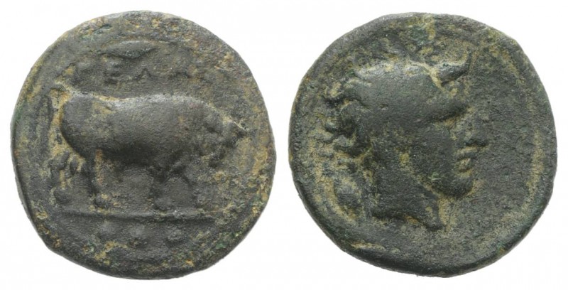 Sicily, Gela, c. 420-405 BC. Æ Tetras or Trionkion (16mm, 3.11g, 3h). Bull stand...