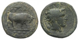 Sicily, Gela, c. 420-405 BC. Æ Tetras or Trionkion (16mm, 3.11g, 3h). Bull standing r.; barley grain above. R/ Horned head of Gelas r.; barley grain b...
