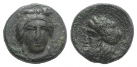 Sicily, Gela, c. 339-310 BC. Æ (13mm, 2.56g, 6h). Head of Demeter facing slightly r., wearing wreath of grain ears. R/ Horned and bearded head of Gela...