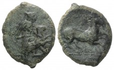 Sicily, Gela, c. 339-310 BC. Æ (28mm, 12.18g, 6h). Warrior standing r., wearing helmet and cloak, about to sacrifice a ram. R/ Horse prancing r. CNS I...