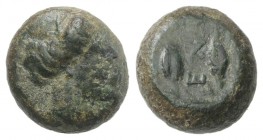 Sicily, Henna, c. 339/8-335 BC. Æ Hexas (12mm, 3.67g, 5h). Head of Demeter r., wearing wreath of grain ears. R/ EN between two barley grains; all with...