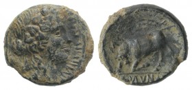 Sicily, Henna. Pseudo-autonomous issue, 1st century BC. Æ Quadrans (17mm, 3.86g, 12h). L. Munatius and M Cestius, duoviri, 44-36 BC. Head of Dionysus ...