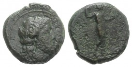 Sicily, Herbita, c. 339/8-330 BC. Æ Hemilitron(?) (15mm, 4.42g, 5h). Female head right / Youth standing right, holding spear and branch(?). Campana 2;...