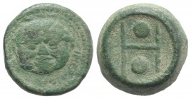 Sicily, Himera, c. 430-409 BC. Æ Hexas (20mm, 9.92g, 12h). IMEPAION, Gorgoneion. R/ Two pellets within large H; all in concave circular incuse. CNS I,...