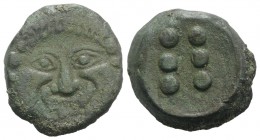 Sicily, Himera, c. 425-409 BC. Æ Hemilitron (27mm, 16.40g). Gorgoneion. R/ Six pellets (mark of value). CNS I, 24; SNG ANS 180; HGC 2, 472. Green pati...