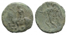 Sicily, Himera, c. 425-409 BC. Æ Tetras (14mm, 1.73g, 3h). Nude rider on a goat l., blowing into conch; three pellets below. R/ Nike advancing l., hol...
