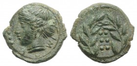 Sicily, Himera, c. 420-407 BC. Æ Hemilitron (15mm, 3.56g, 12h). Head of nymph l.; six pellets before. R/ Six pellets within wreath. CNS I, 35; SNG ANS...