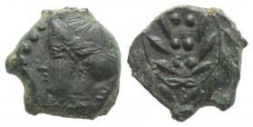 Sicily, Himera, c. 420-407 BC. Æ Hemilitron (13.5mm, 2.98g, 11h). Head of nymph l.; six pellets before. R/ Six pellets within wreath. CNS I, 35; SNG A...