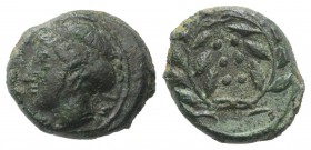 Sicily, Himera, c. 420-407 BC. Æ Hemilitron (16mm, 4.23g, 11h). Head of nymph l.; six pellets before. R/ Six pellets within wreath. CNS I, 35; SNG ANS...