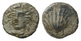 Sicily, Himera, c. 412-409 BC. Æ Trias or Tetronkion (10mm, 1.01g, 6h). Head of female facing slightly l., wearing tainia. R/ Shell downward. CNS I, 3...