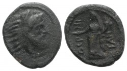 Sicily, Himera as Thermai Himerensis, c. 250-200 BC. Æ (20.5mm, 5.34g, 1h). Bearded head of Herakles r., wearing lion skin headdress. R/ Turreted fema...