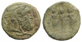 Sicily, Himera as Thermai Himerensis, c. 206/5-190 BC. Æ (22mm, 7.43g, 9h). Head of Herakles r., wearing lion’s skin, club over shoulder. R/ Three nym...