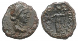Sicily, Hybla Megala, c. 2nd century BC. Æ Tetras(?) (15mm, 3.88g, 12h). Veiled bust of Artemis-Hyblaia r., wearing polos. R/ Demeter standing l., hol...