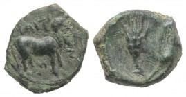 Sicily, Iaitos, c. 330-260 BC BC. Æ Onkia(?) (11mm, 1.11g, 2h). Bearded man-faced bull advancing r. R/ Grain ear and barleycorn. Campana 2; CNS I, 1; ...