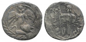 Sicily, Kamarina, c. 461-440/35 BC. AR Litra (12mm, 0.72g, 12h). Nike flying l.; below, swan standing l.; all within wreath. R/ Athena standing l., ho...