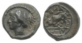Sicily, Kamarina, c. 339/8-300 BC. Æ (12mm, 2.03g, 11h). Female head l. R/ Bull charging l. CNS III, 45; SNG ANS -; HGC 2, 558. Rare, VF - Good VF