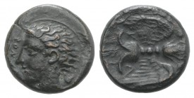 Sicily, Katane, c. 415/3-403/2 BC. Æ Tetras or Trionkion (12mm, 1.96g, 7h). Horned head of Amenanos l.; ivy-leaf behind. R/ Winged thunderbolt; three ...