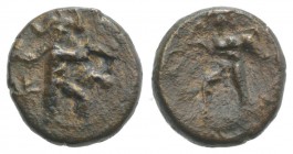 Sicily, Katane, c. 2nd-1st century BC. Æ (12mm, 2.08g, 12h). Amphinomos advancing r., carrying his father. R/ Anapias advancing l., carrying his mothe...