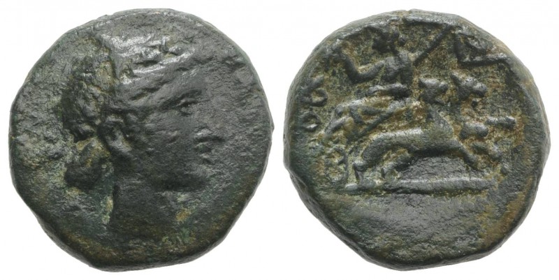Sicily, Katane, c. 200-187 BC. Æ (20mm, 8.76g, 12h). Head of Dionysos r., wearin...