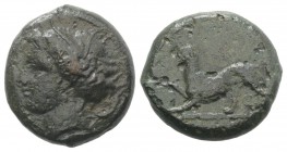 Sicily, Kentoripai, c. 339/8-330 BC. Æ Litra (29mm, 24.66g, 3h). Wreathed head of Persephone l.; four dolphins around. R/ Panther crouching l. with pa...