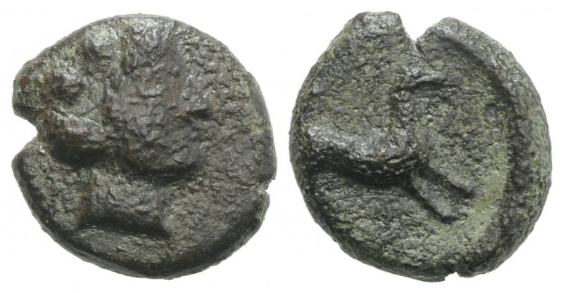 Sicily, Segesta, c. 390-380 BC. Æ (15mm, 4.00g, 3h). Head of Aigiste r. R/ Hound...
