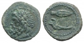 Sicily, Uncertain Roman mint, late 2nd century BC. Æ As (20mm, 3.60g, 9h). Laureate head of Saturn l. R/ Spearhead and jawbone of boar. CNS I, 109; SN...