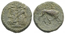 Sicily, Uncertain Roman mint, late 2nd century BC. Æ As (22mm, 6.66g, 12h). Laureate head Janus. R/ P•TE, She-wolf standing r., head reverted, sucklin...