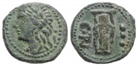 Sicily, Uncertain Roman mint, late 2nd century BC. Æ Tetras (16mm, 2.30g, 12h). Laureate head of Apollo l. R/ Kithara; C•RI to l., three pellets to r....