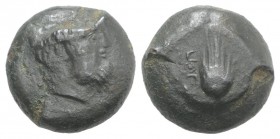 Sicily, Uncertain mint, c. 5th-4th century BC. Æ (14mm, 6.12g, 1h). Horned and bearded head of a river-god r. R/ Retragrade ΠΘE (?), Barley-ear. CNS -...