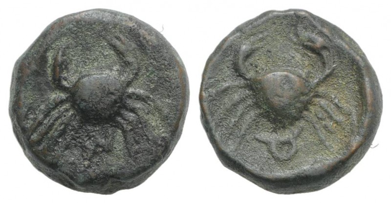 Islands of Sicily, Uncertain, 2nd century BC. Æ (12mm, 3.43g, 6h). Crab. R/ Crab...