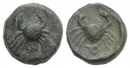 Islands of Sicily, Uncertain, 2nd century BC. Æ (12mm, 3.43g, 6h). Crab. R/ Crab. CNS III, 5 (Lopadusa). Green patina, Good VF