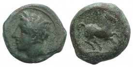 Sicily, Carthaginian Domain, c. 375-350 BC. Æ (15mm, 3.60g, 1h). Wreathed head of Tanit l. R/ Horse prancing r. CNS III, 3; HGC 2, 1677. Green patina,...