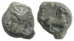Sicily, Carthaginian Domain, c. 375-350 BC. Æ (15mm, 5.03g, 3h). Wreathed head of Tanit l. R/ Horse prancing r. CNS III, 3; HGC 2, 1677. Green patina,...