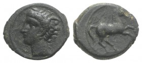 Sicily, Carthaginian Domain, c. 375-350 BC. Æ (13mm, 1.38g, 12h). Wreathed head of Tanit l. R/ Horse prancing r. CNS III, 4; HGC 2, 1677. VF