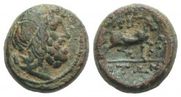 Macedon, Amphipolis, c. 187-168/7 BC. Æ (17mm, 6.32g, 11h). Head of Poseidon r. R/ Horse prancing r.; monogram to r. SNG ANS 127. Green patina, near V...