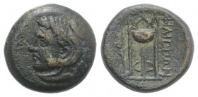 Macedon, Philippi, c. 356-345 BC. Æ (17mm, 6.57g, 1h). Head of Herakles l., wearing lion-skin headdress. R/ Tripod; to l., grain ear and M. AMNG III 7...