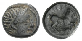 Kings of Macedon. Alexander III ‘the Great’ (336-323 BC). Æ Half Unit (13mm, 3.60g, 1h). Amphipolis, c. 332-323. Diademed male head r. R/ Horse gallop...