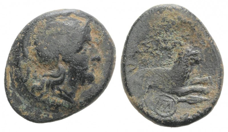 Kings of Thrace, Lysimachos (305-281 BC). Æ (20mm, 5.50g, 6h). Helmeted head of ...